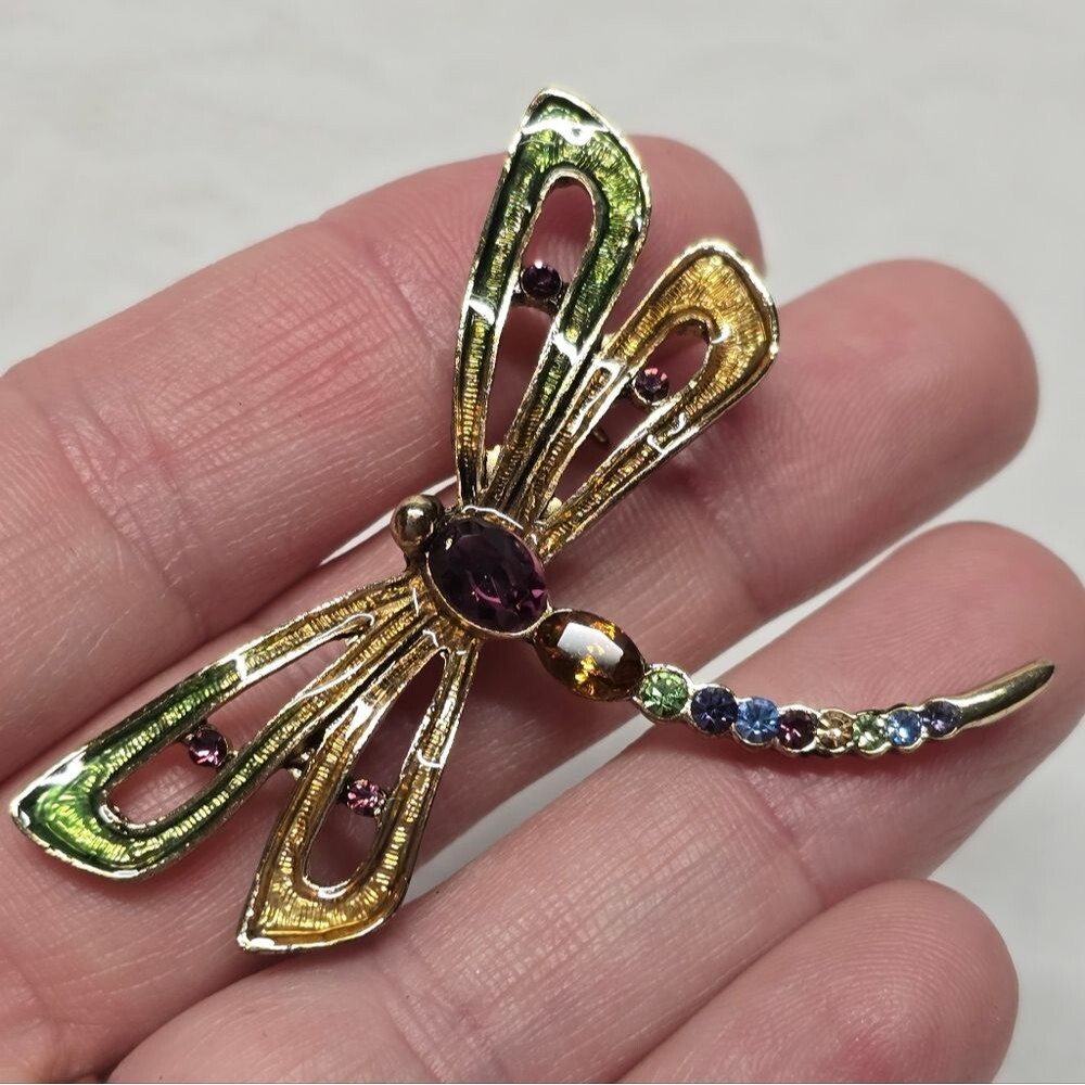 Monet Signed Dragonfly Multicolor Rhinestones Brooch Vintage Boho Summer Spring